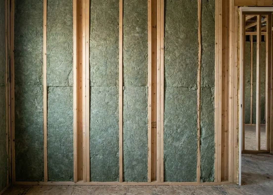 Greenish-grey stone wool acoustic batts fill the cavities of an interior stud wall between two rooms before drywall.