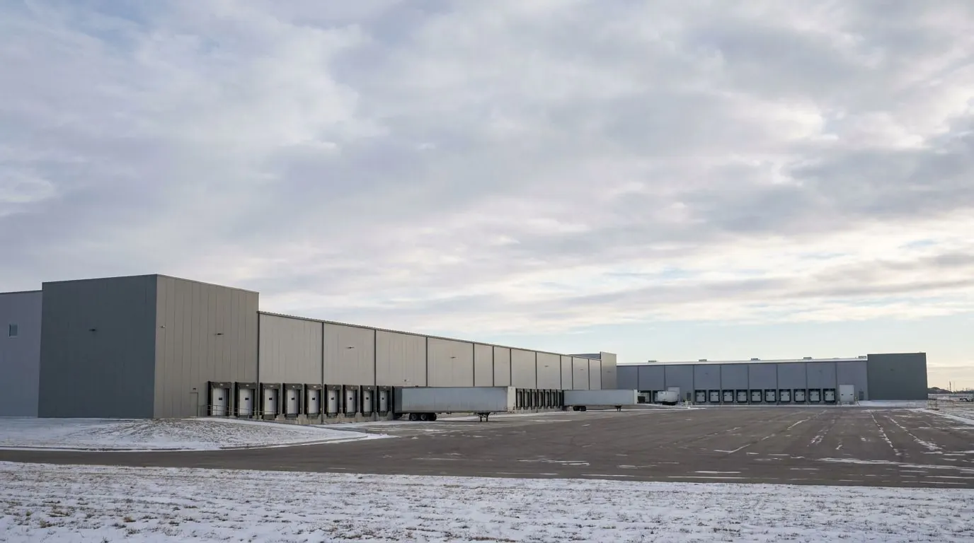 Large flat-roofed distribution warehouses with rows of loading docks on open prairie just south of Airdrie.
