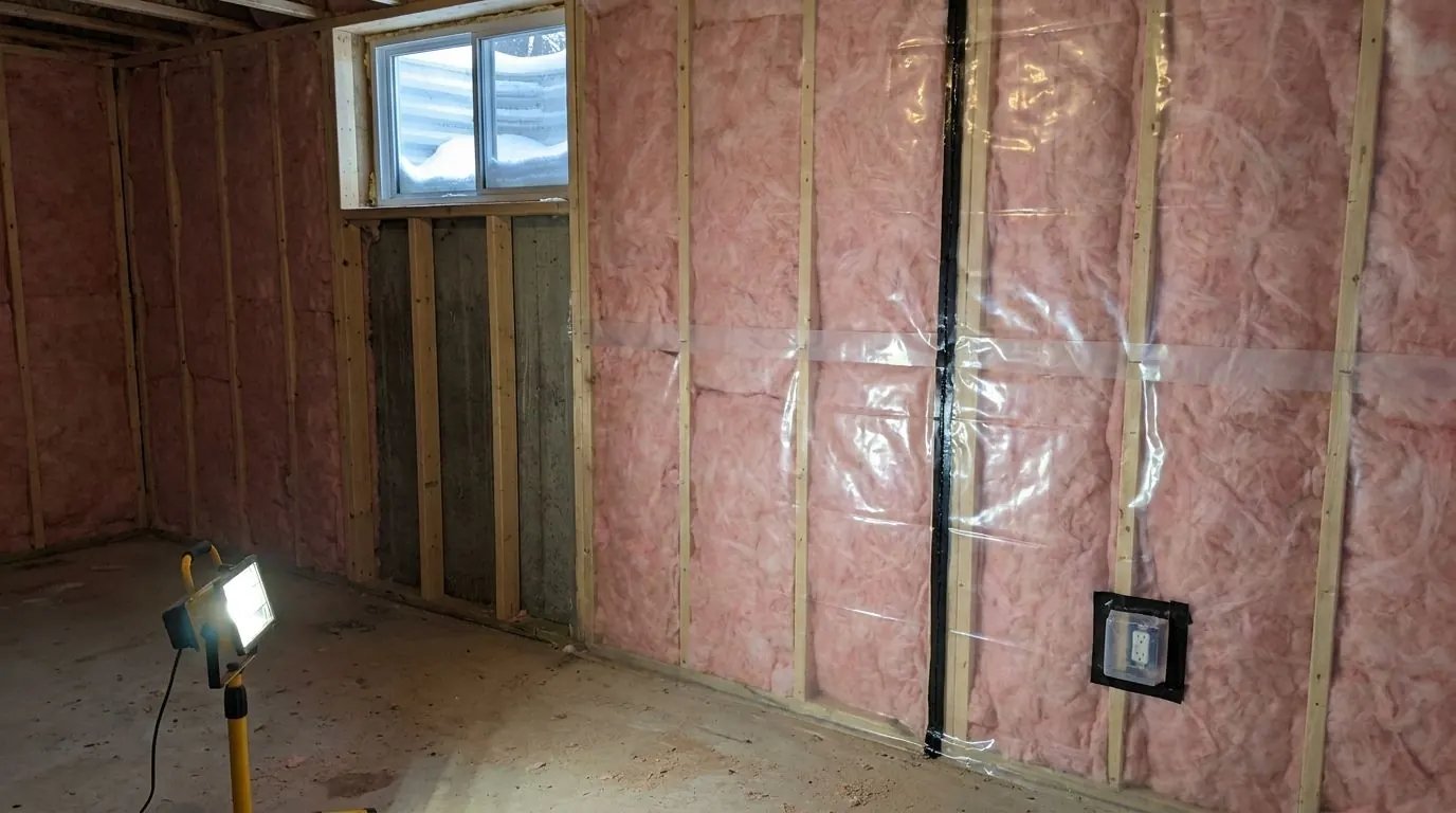 A framed basement wall with pink batts in the lower bays and clear poly vapour barrier stapled over the finished section, its laps sealed over the studs.