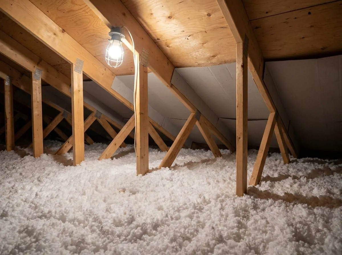 A deep, fluffy white loose-fill fibreglass layer fills a residential attic between trusses, with baffles visible at the eaves.