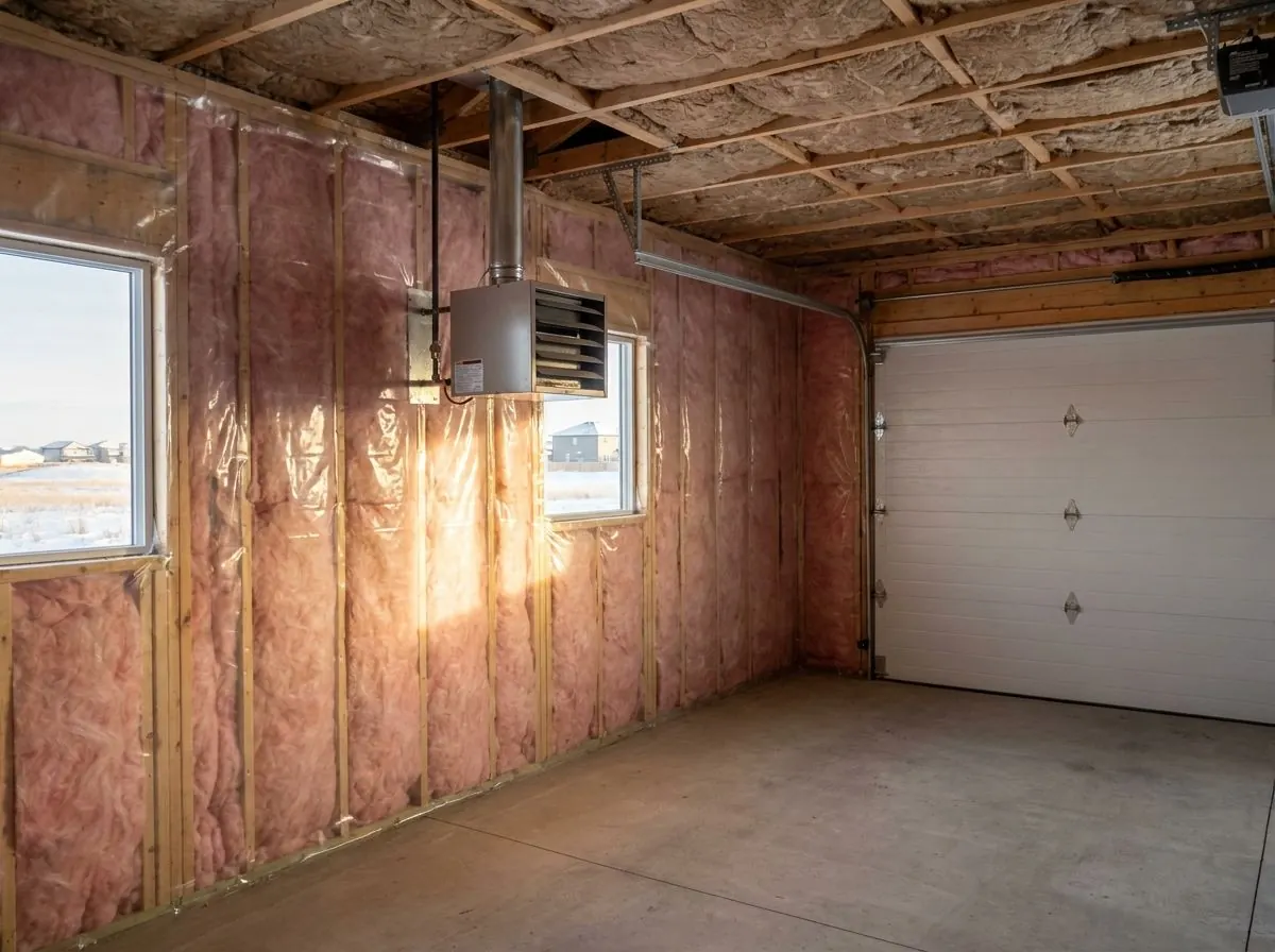 Inside a detached garage, walls are filled with batts and covered in poly, a gas unit heater hangs from the ceiling, and the overhead door is closed.