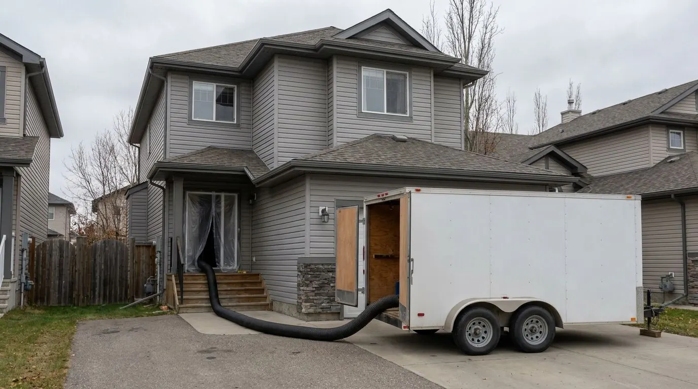 A thick black vacuum hose runs out of a plastic-draped front door, down the steps and into an enclosed trailer parked in the driveway of a two-storey house.