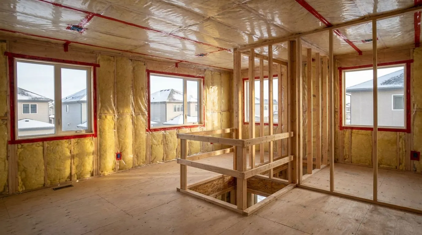 The upper floor of a new house under construction with every exterior wall insulated and covered in sealed poly, ready for drywall.