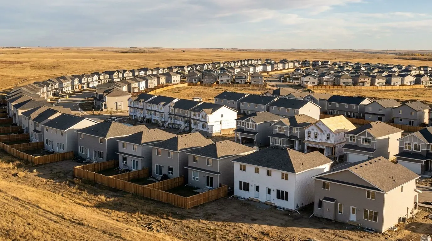 Rows of newer two-storey homes and townhouses on a gentle hill at the northern edge of Calgary, with open land beyond.