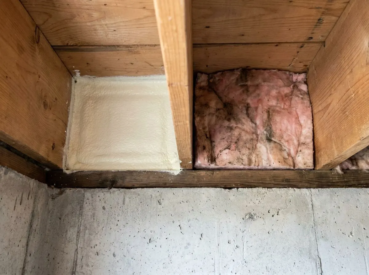 Two rim joist pockets on top of a basement wall: one sealed with pale yellow spray foam, the other still holding an old, dust-streaked pink batt.