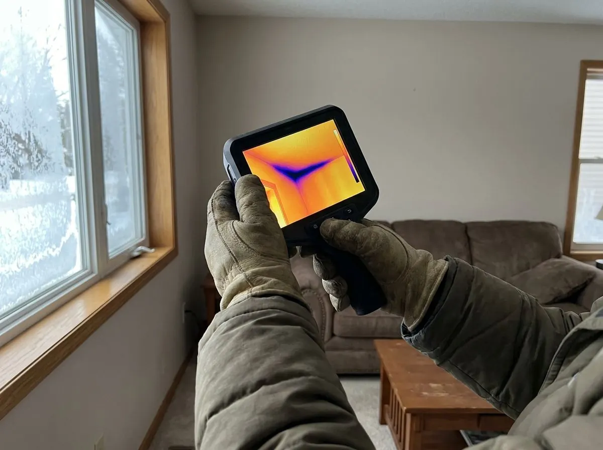 Gloved hands aim a thermal camera at the corner of a room; the screen shows a blue cold patch where the wall meets the ceiling.